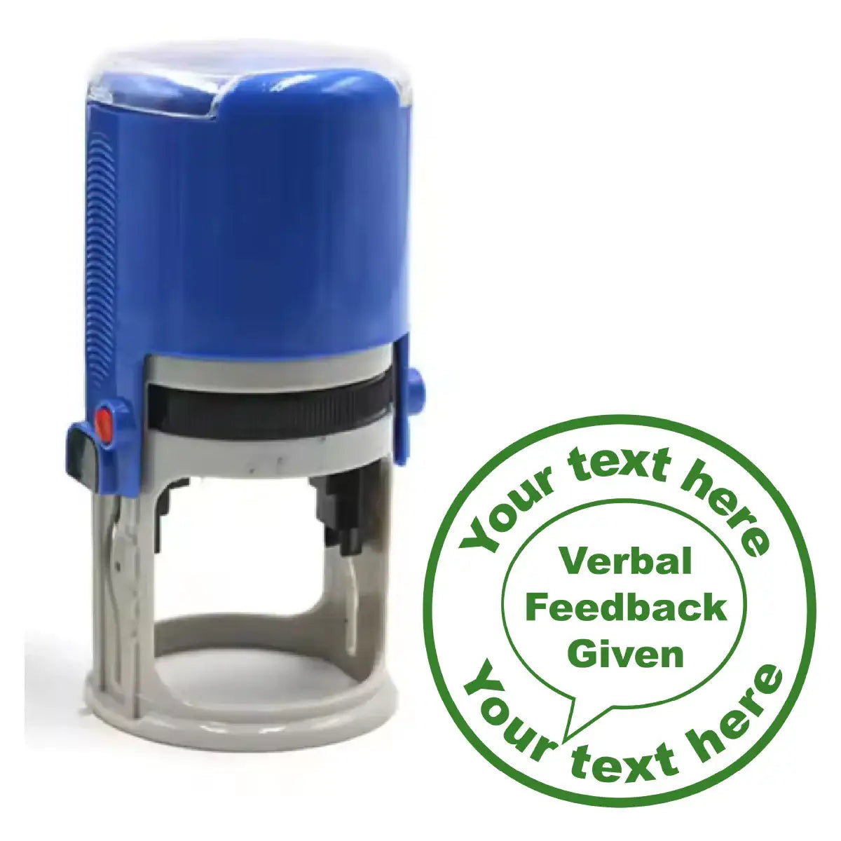 Custom teacher feedback stamp with blue handle and 'Verbal Feedback Given' text.