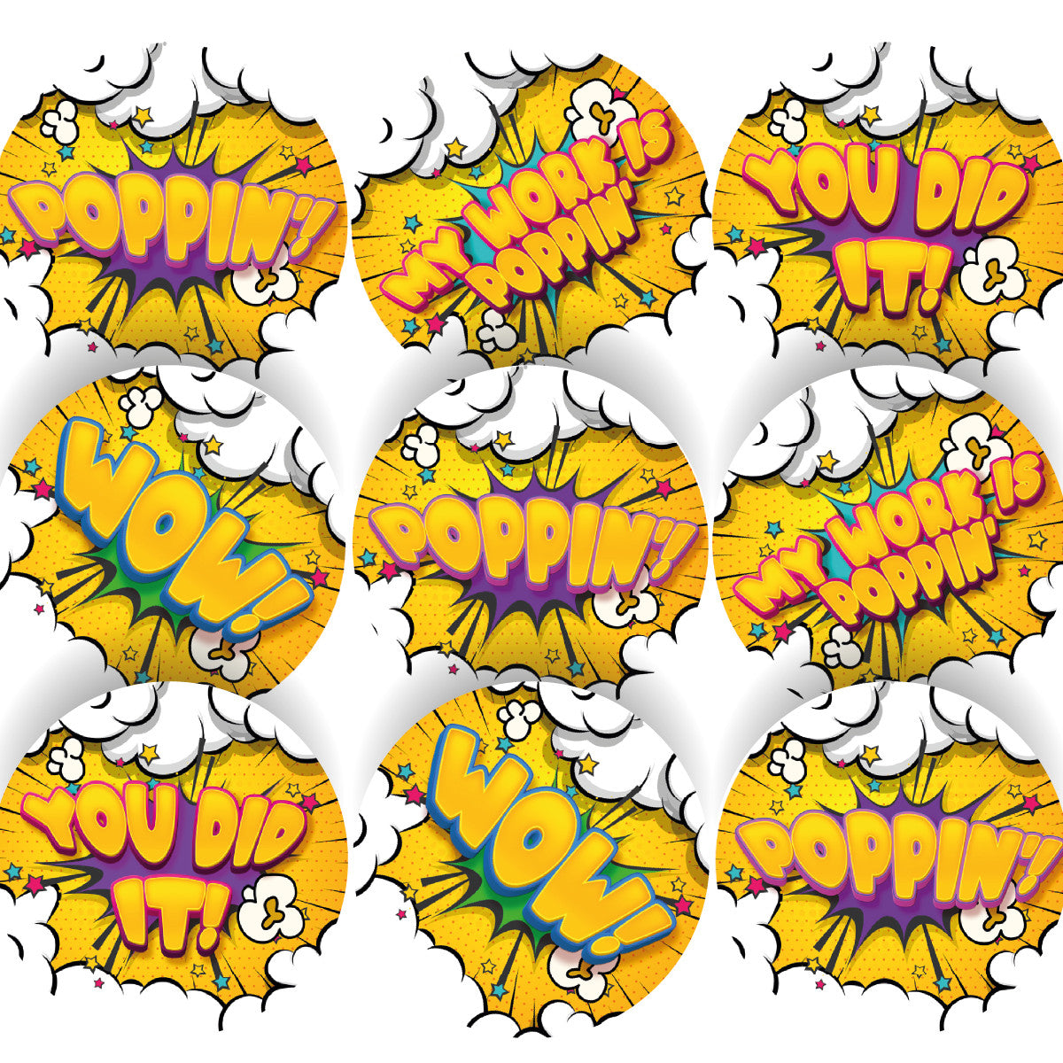 Sticker Stocker 120 Popcorn Poppin' Praise Words 30mm Scented Reward Stickers for Teachers, Parents and Party Bags