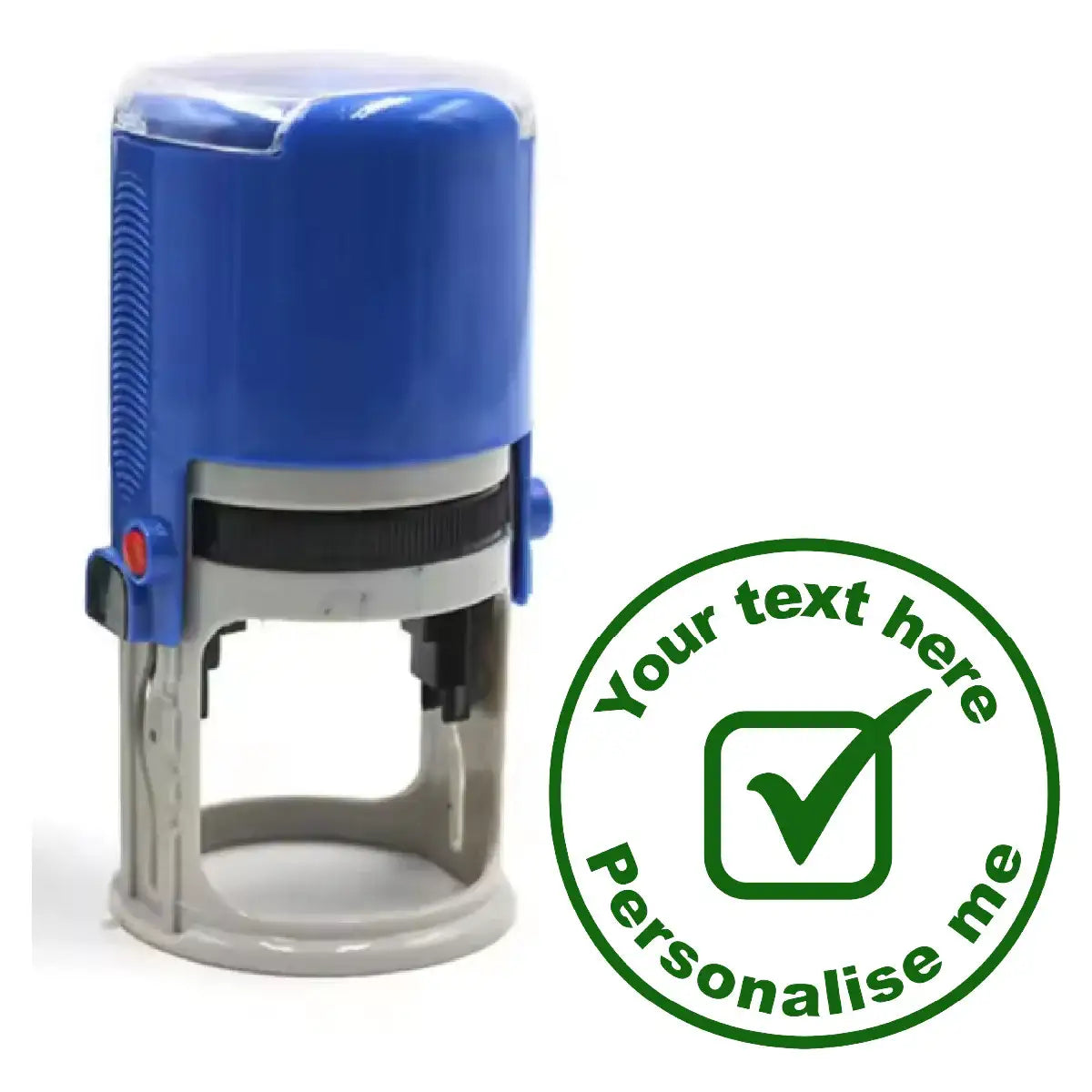 Custom teacher stamp with blue handle and green check mark design, personalised text area