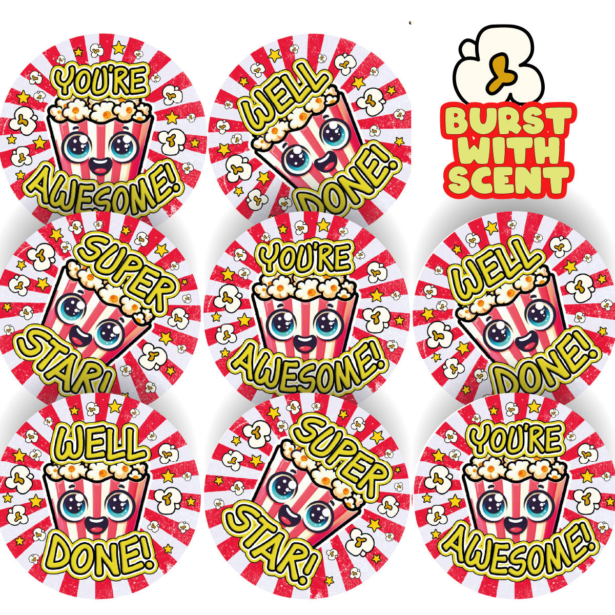 Sticker Stocker 120 Popcorn Starburst Praise 30mm Scented Reward Stickers for Teachers, Parents and Party Bags