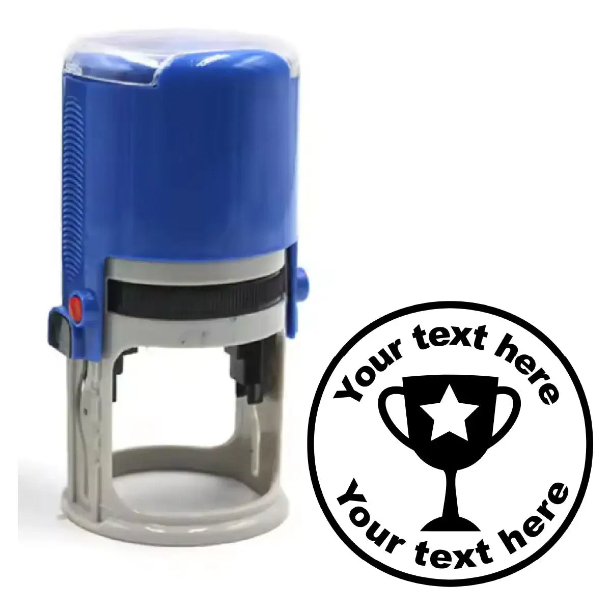 Custom teacher reward stamp with blue handle and trophy design template for classroom motivation