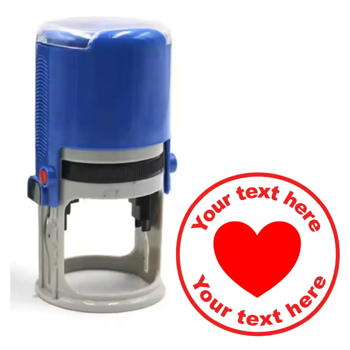 Customizable teacher stamp with blue handle and red heart design for classroom rewards
