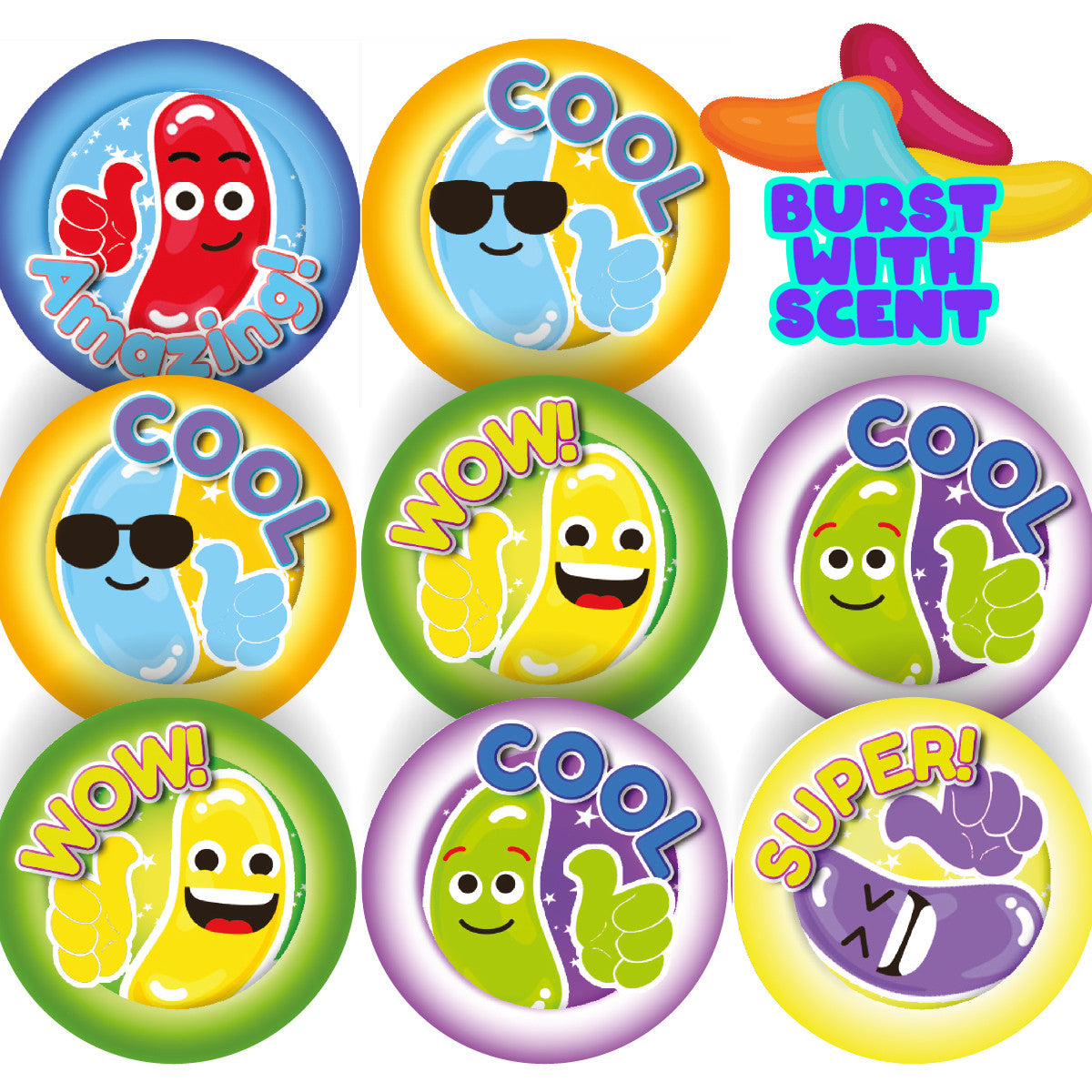 120 Cool Beans Jellybean Scented  30mm Reward Stickers for Teachers, Parents and Party Bags