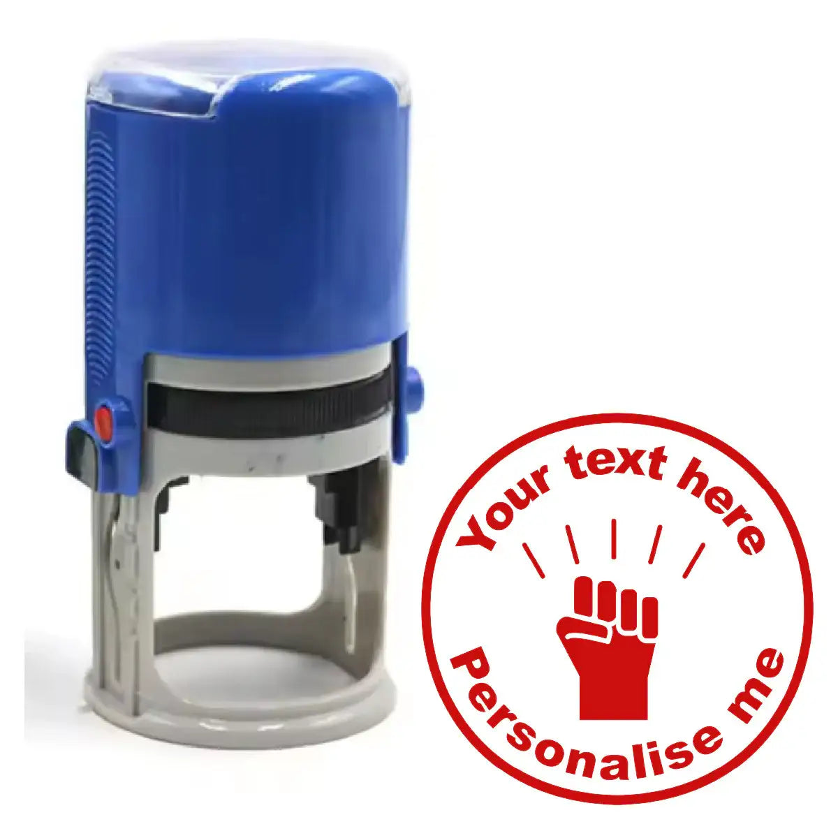 Blue self-inking stamp with customizable text, ideal for classroom rewards