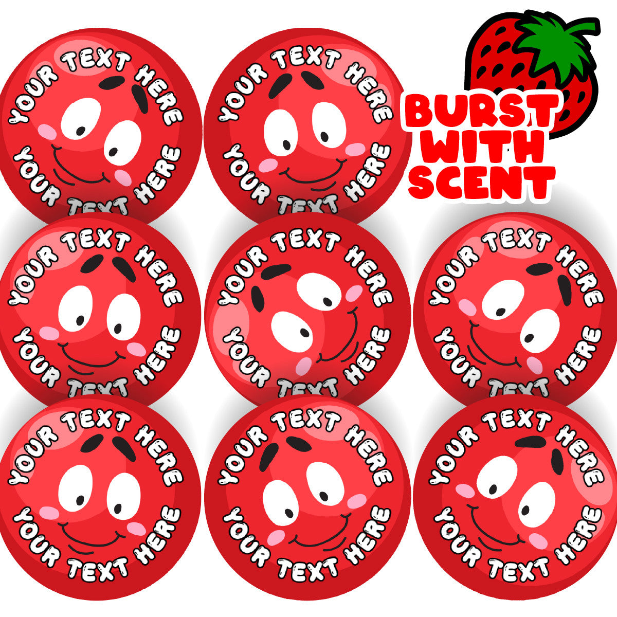 120 Strawberry Scented Personalised Stickers - Smiley Red Noses - Personalised 30 mm Scented Stickers - For Teachers Nursery Parents