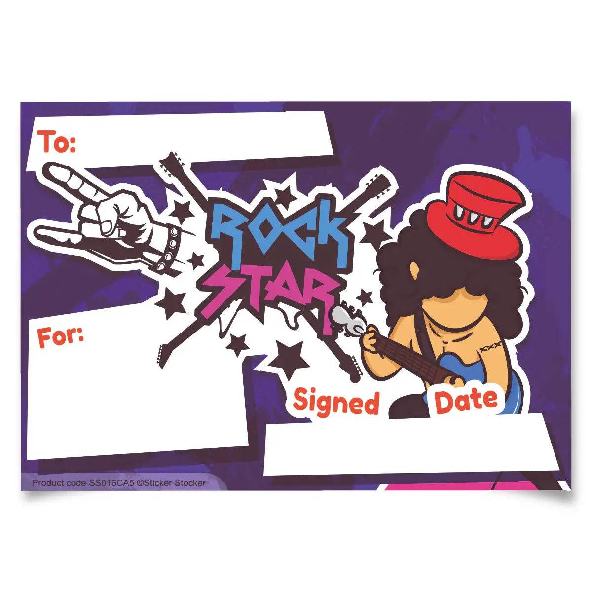 Rock star themed reward sticker with cartoon guitarist, space for name, and purple background