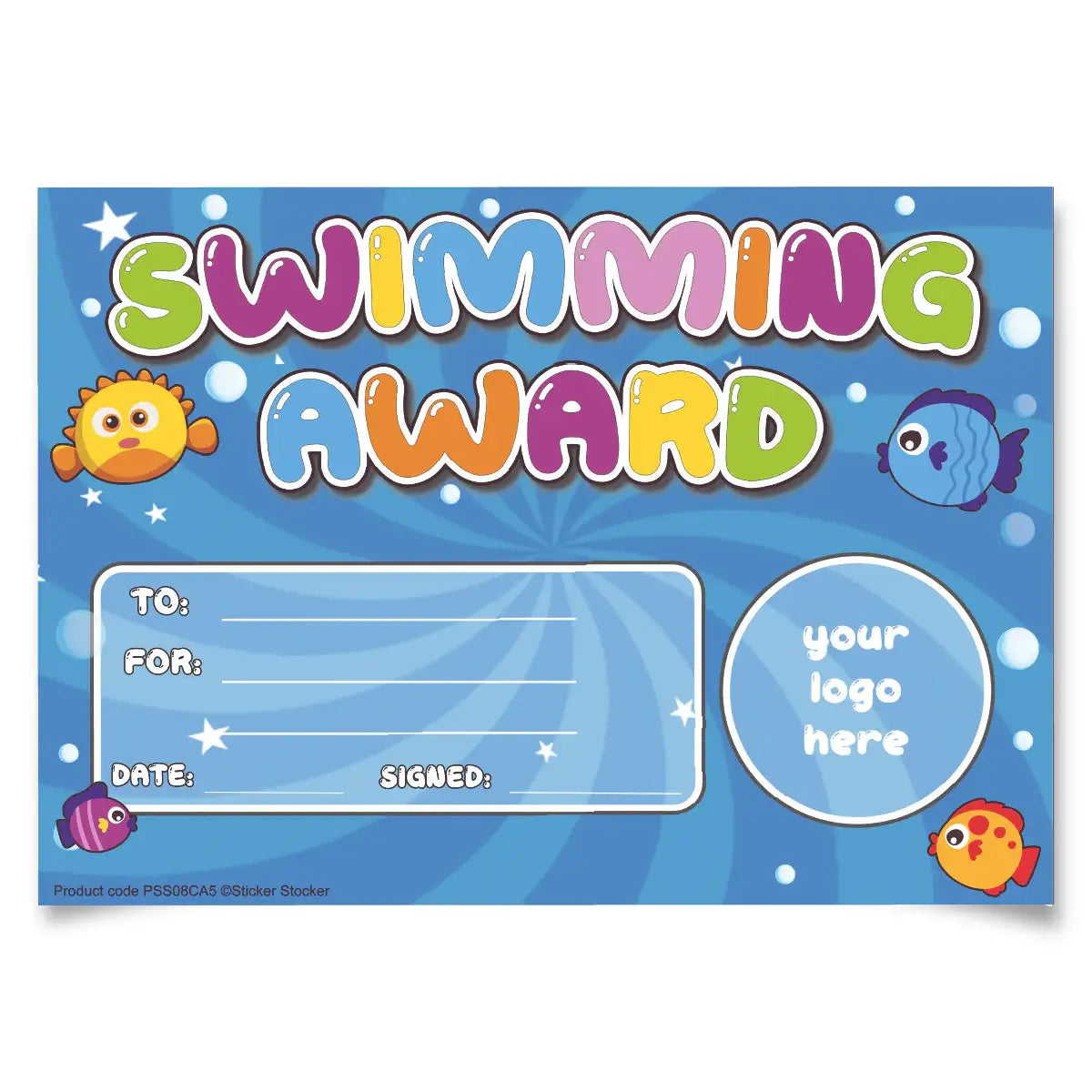 Colorful swimming award certificate with playful fish, blank fields, and blue water-themed background.