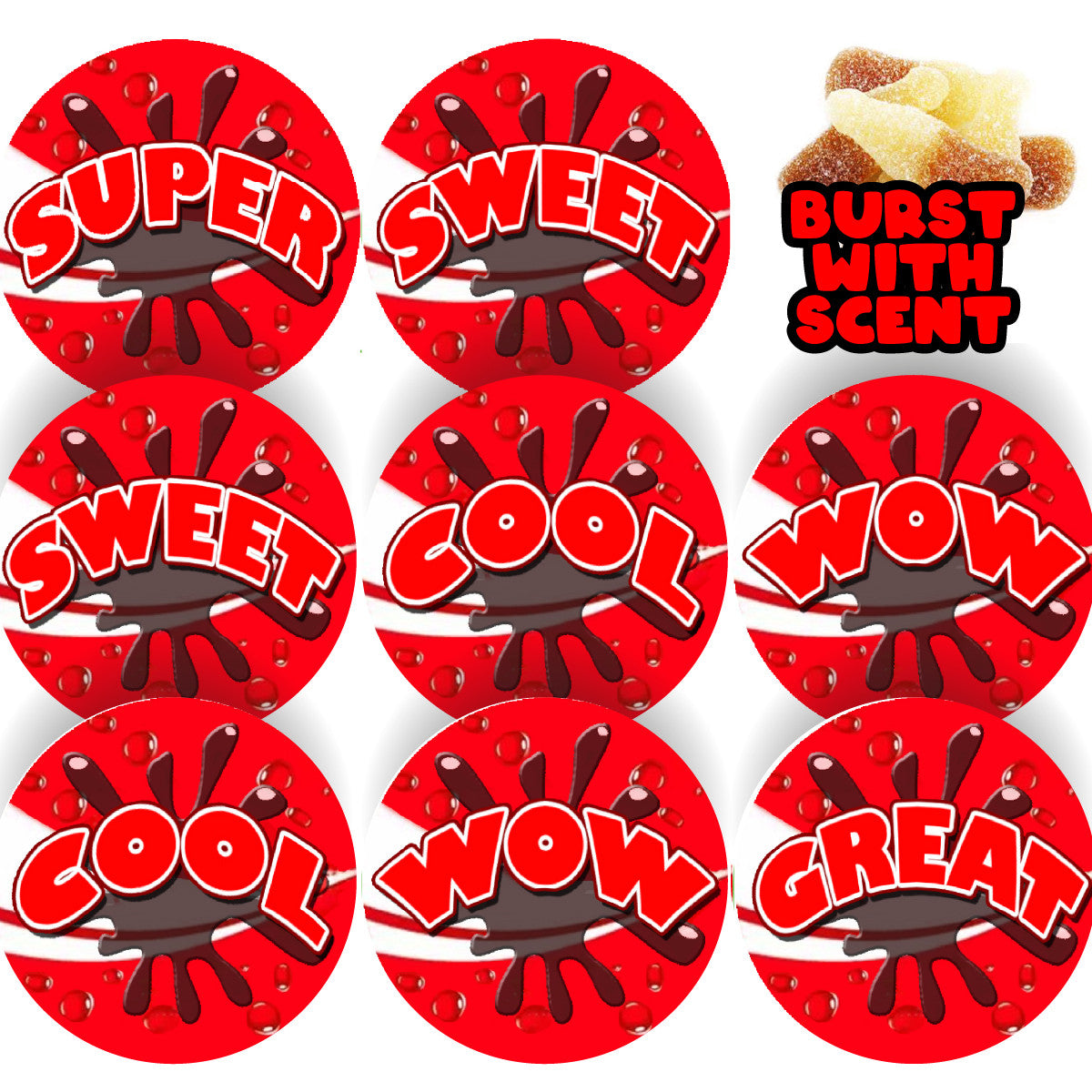 120 Cola Burst Praise Words Scented 30mm Reward Stickers for Teachers, Parents and Party Bags