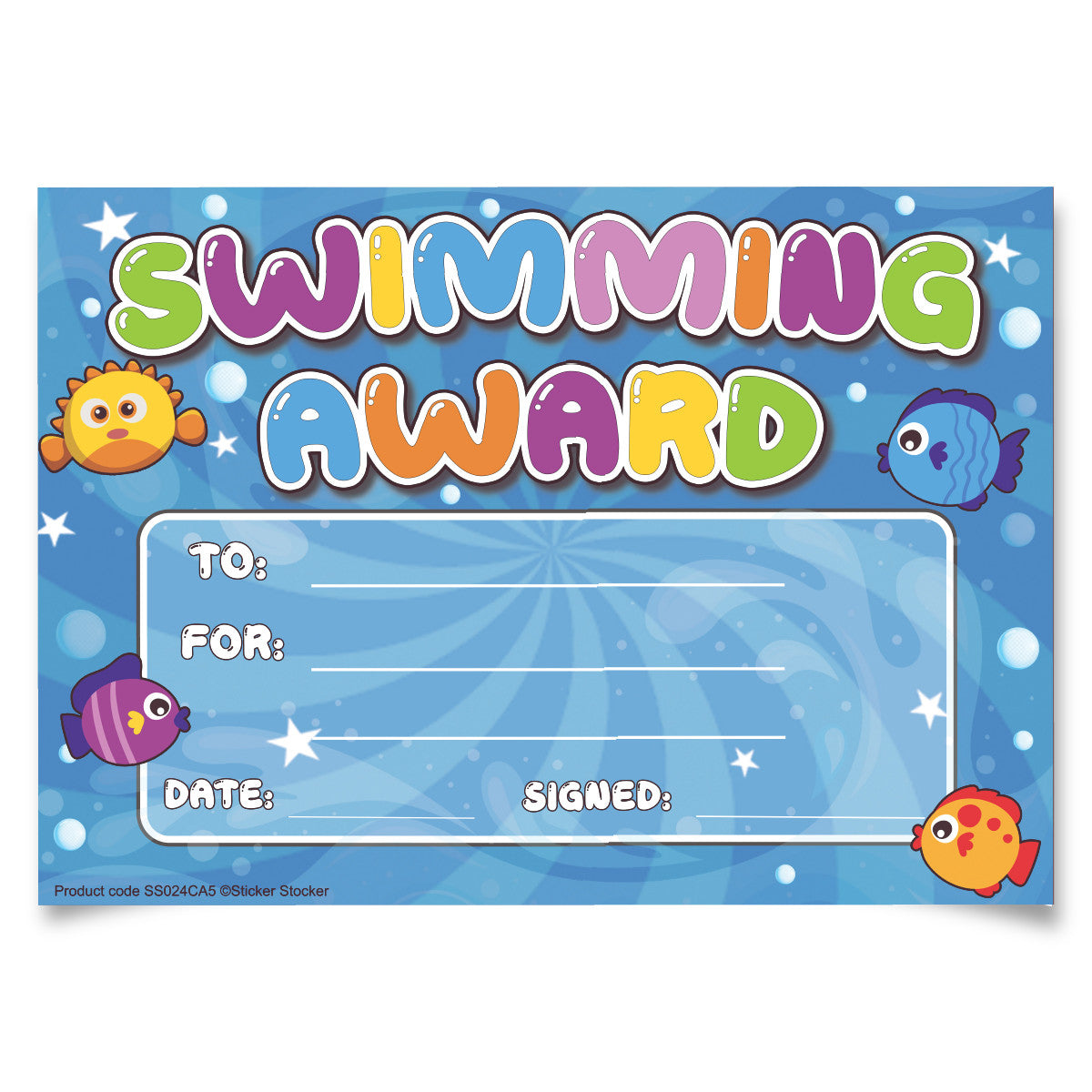 Sticker Stocker 30 Swimming Award certificates for school teachers, 250gsm A5 silk finish card