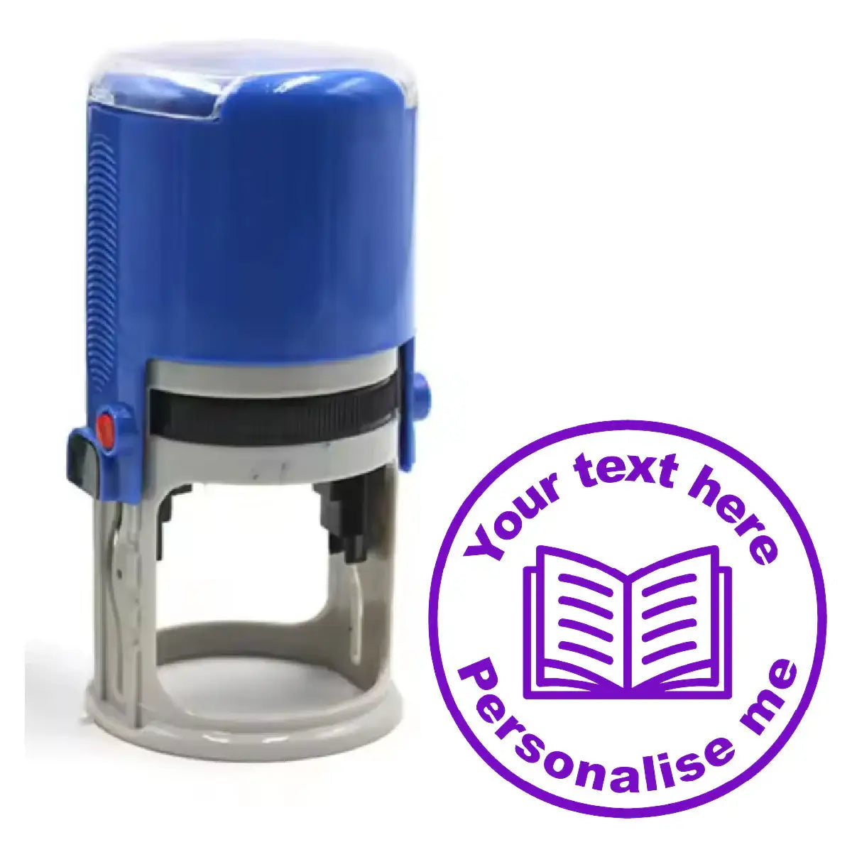 Custom teacher stamp with blue handle and open book design for personalized classroom rewards