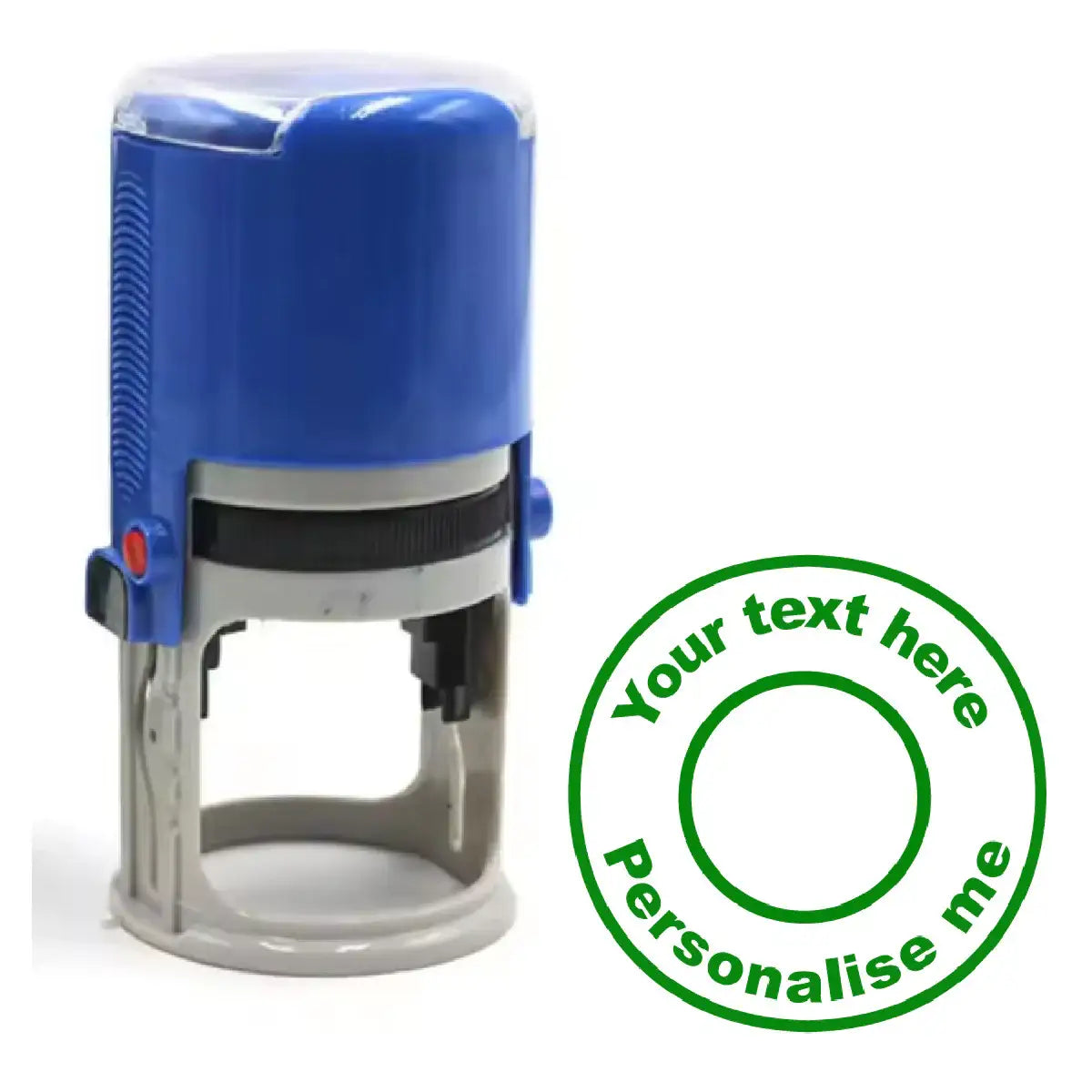 Blue self-inking custom stamp with sample round personalised stamp design