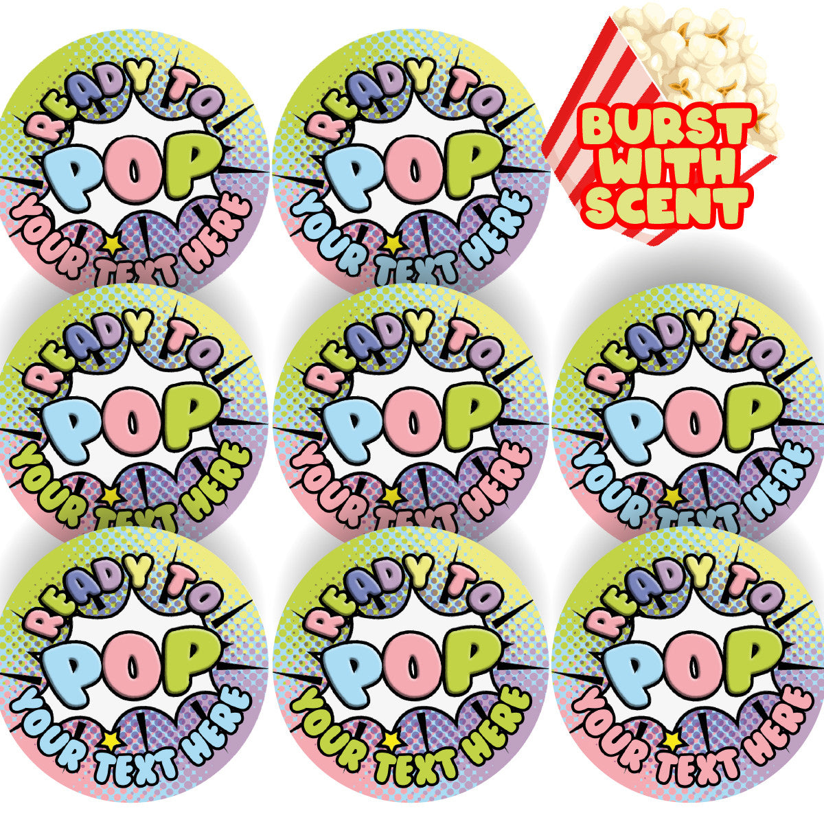 120 Popcorn Scented - Ready To Pop Scented Personalised Stickers - 30 mm - For Baby Showers, Gender Reveal