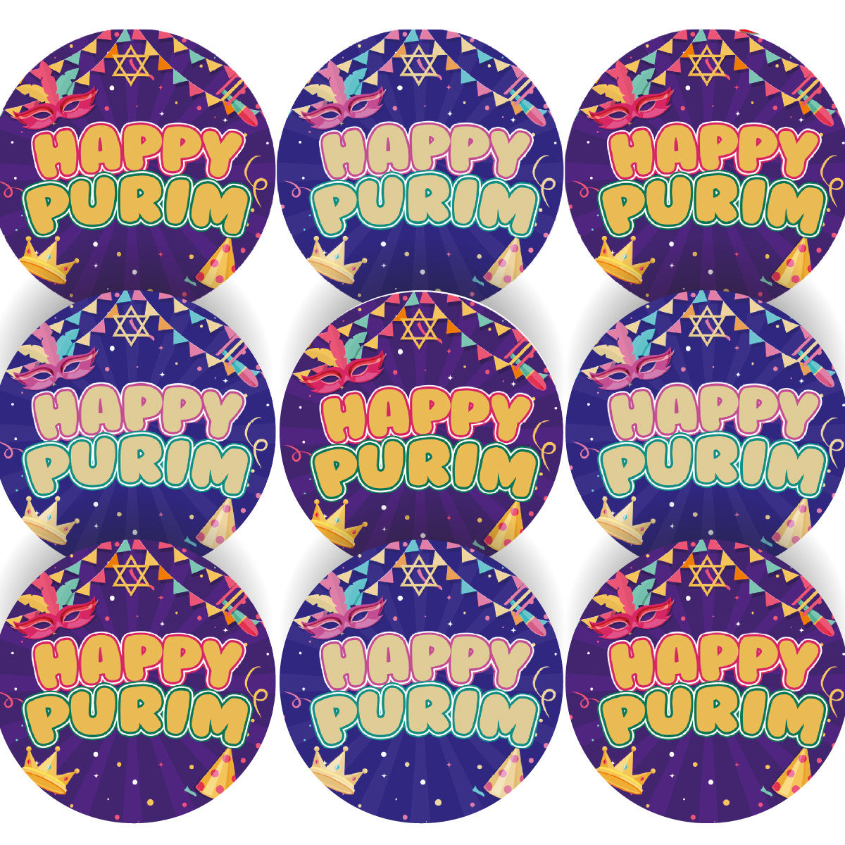 144 Colourful Happy Purim 30mm Glossy Stickers Jewish Celebration
