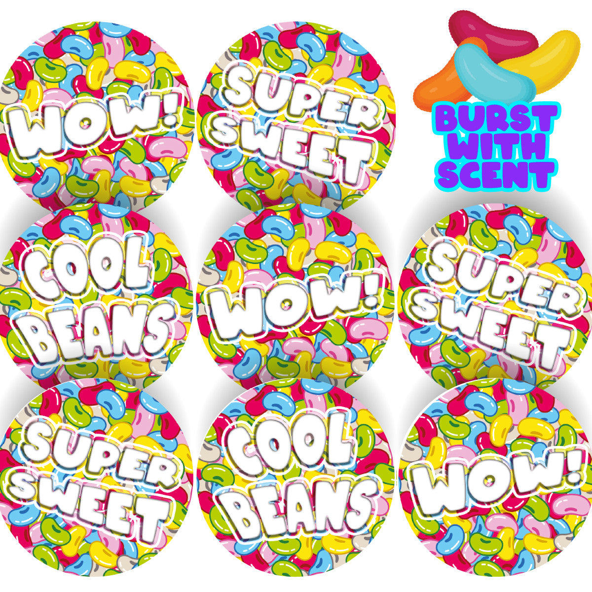 120 Jellybean Praise Words 30mm Scented Reward Stickers for Teachers, Parents and Party Bags