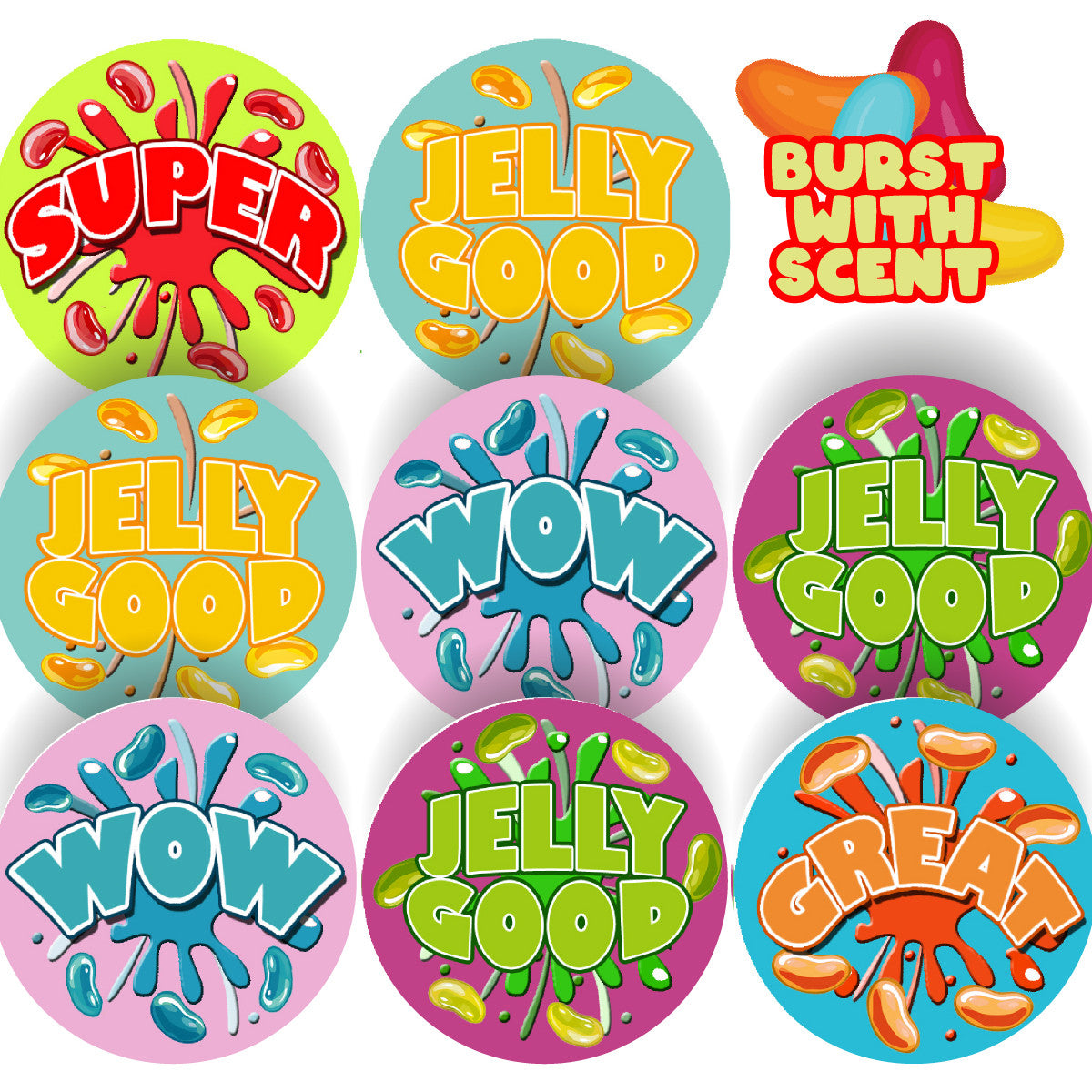 120 Jellybean Burst Scented 30mm Reward Stickers for Teachers, Parents and Party Bags