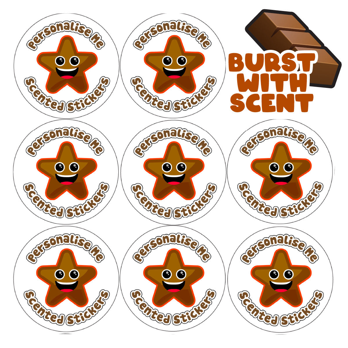 Sticker Stocker - 120 Scented Chocolate Star - Personalised 30 mm Chocolate Scented Stickers - For Teachers Nursery Parents