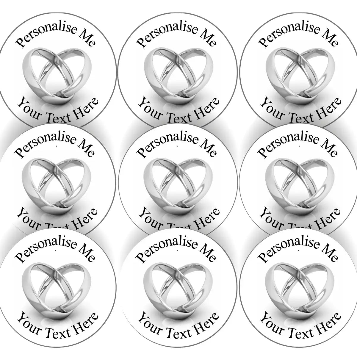 Sheet of customizable round stickers featuring intertwined silver hearts and editable text