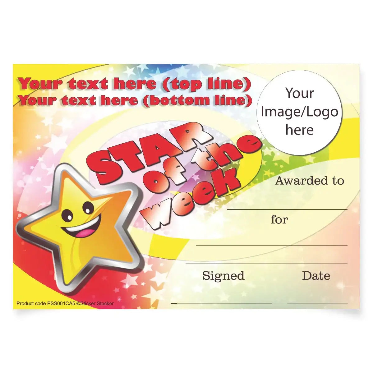 Colorful Star of the Week reward certificate template with smiling star graphic for students