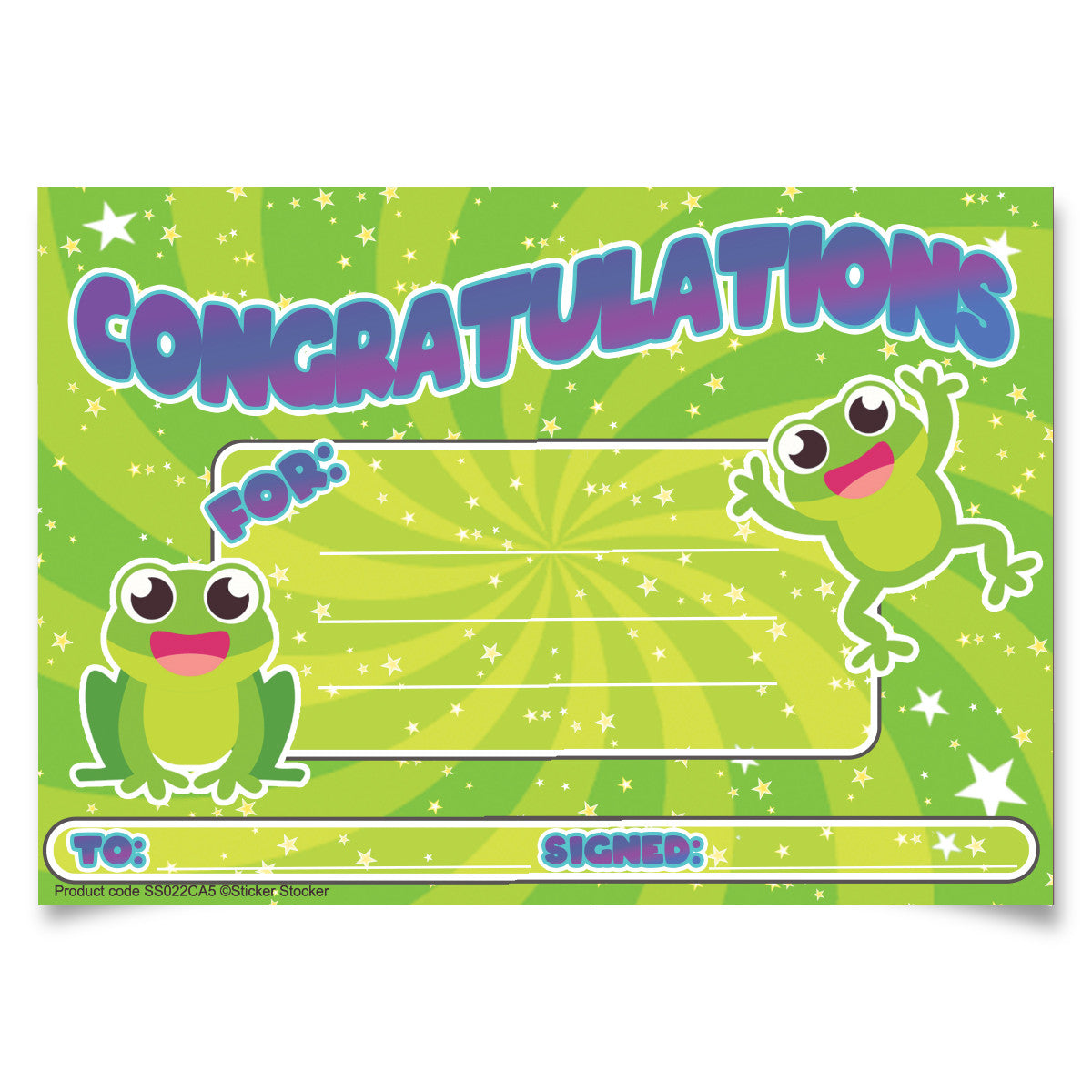 Sticker Stocker 30 Congratulations Frog Award certificates for school teachers, 250gsm A5 silk finish card