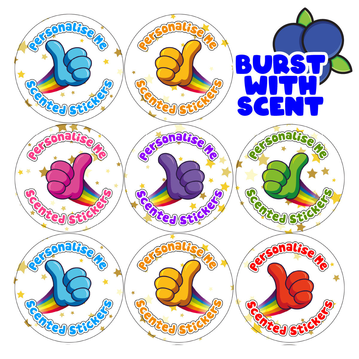 Sticker Stocker - 120 Mixed Berry Scented Personalised Stickers - Thumbs Up - Personalised 30 mm Scented Stickers - For Teachers Nursery Parents