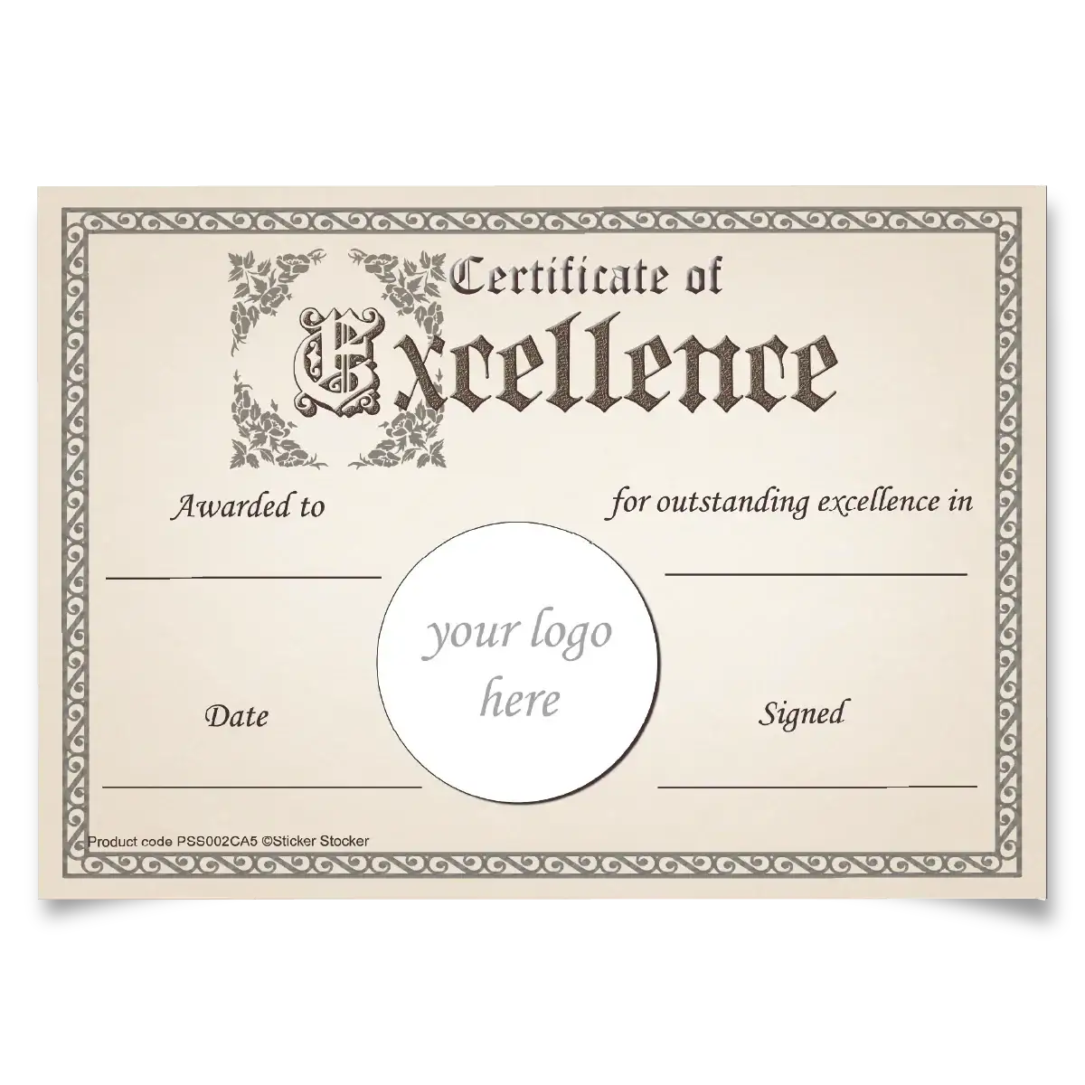Printable certificate of excellence template with ornate border and customizable logo area.