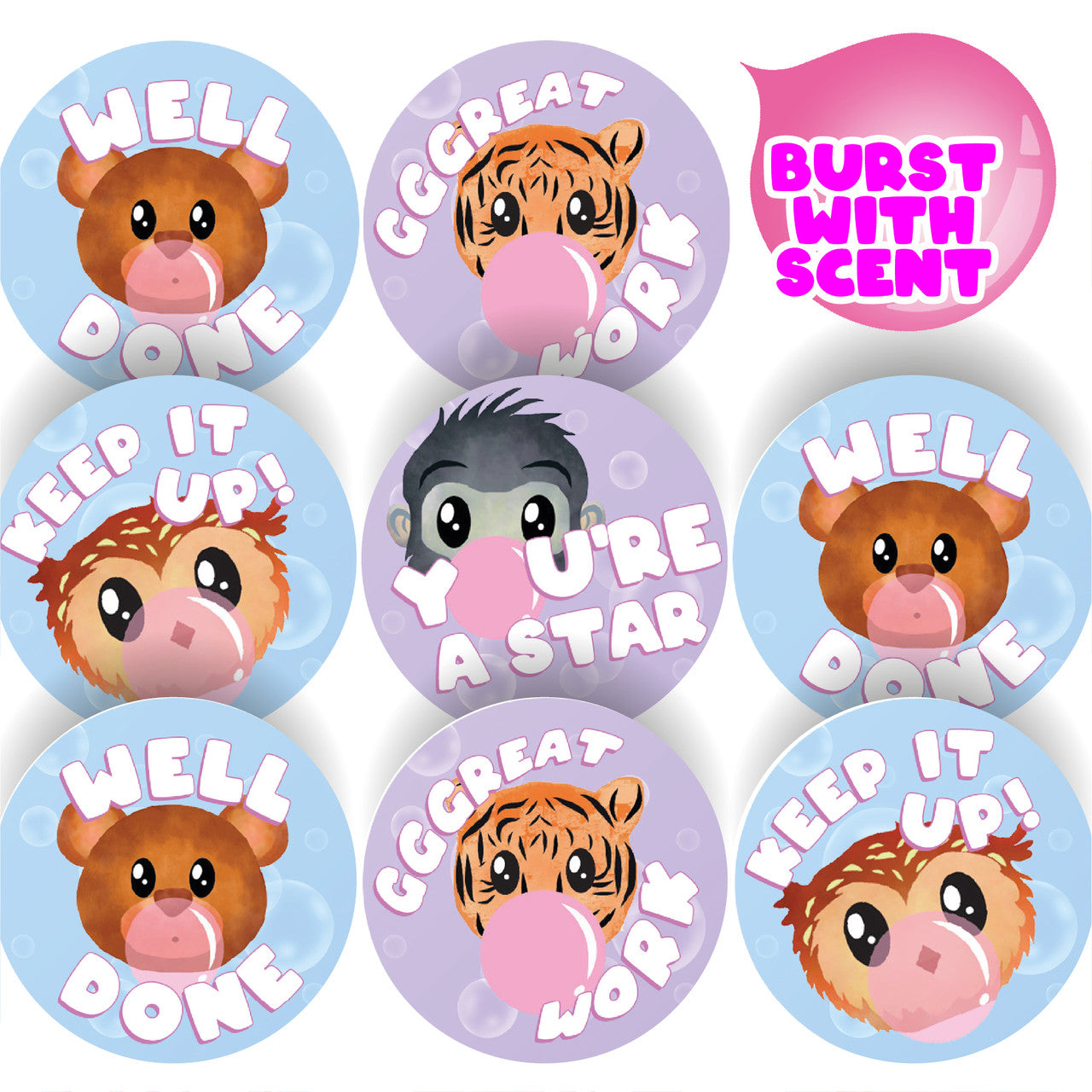Sticker Stocker - 120 Bubble gum Heads 30mm Scented Reward Stickers for Teachers, Parents and Party Bags