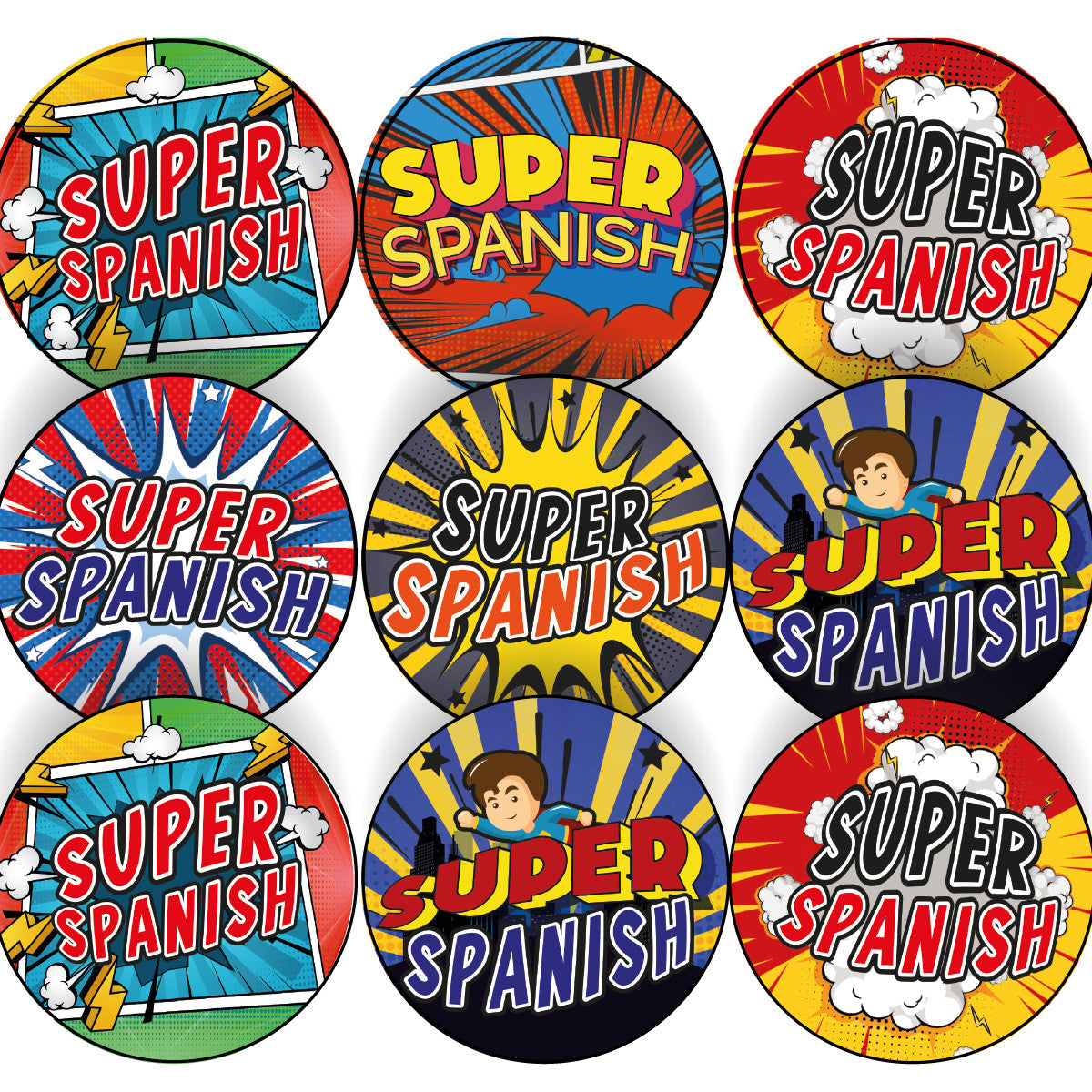 144 Spanish Superhero Comic Stickers - 30mm Glossy Reward Stickers for Teachers & Parents