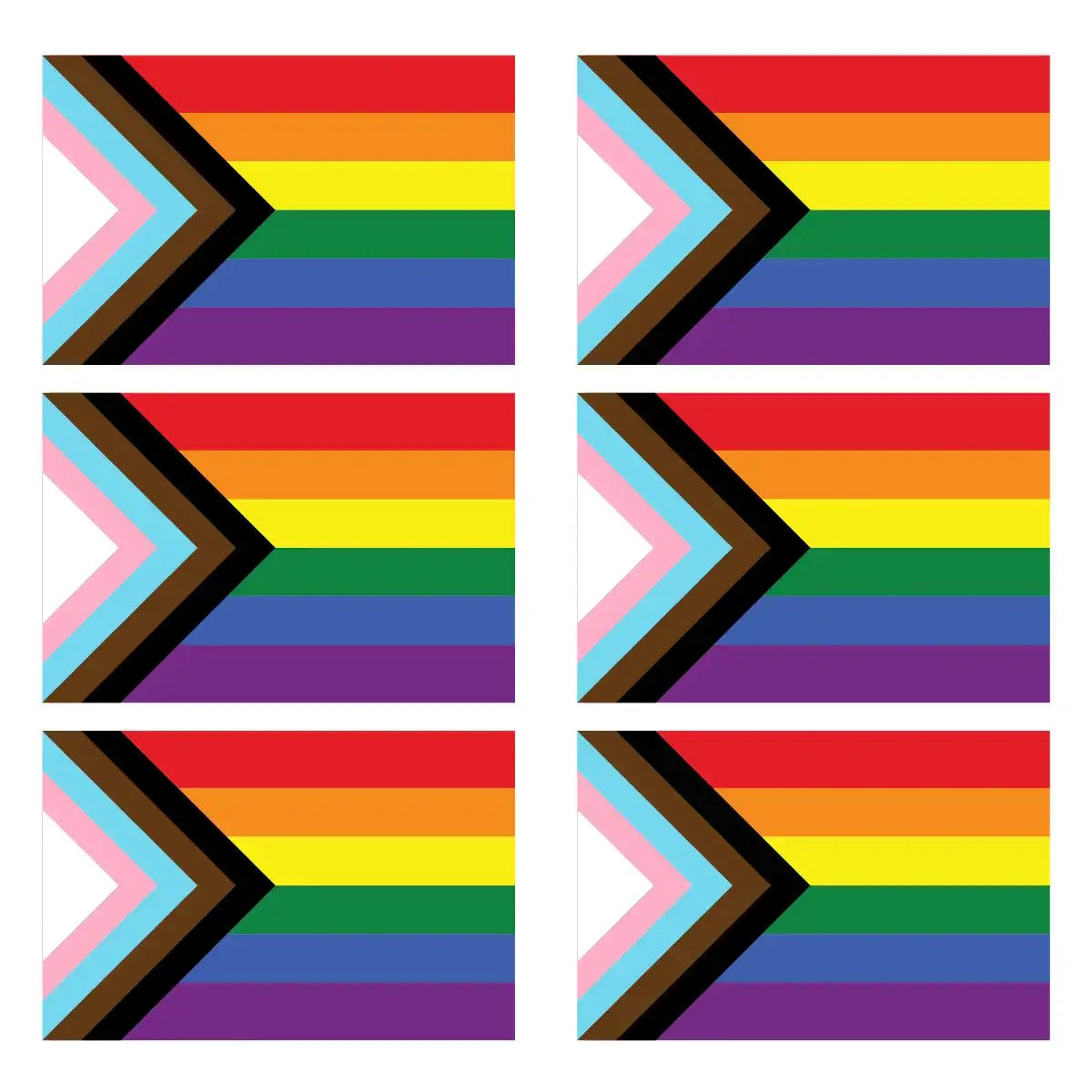 Sheet of six vibrant progress pride flag stickers on a white background