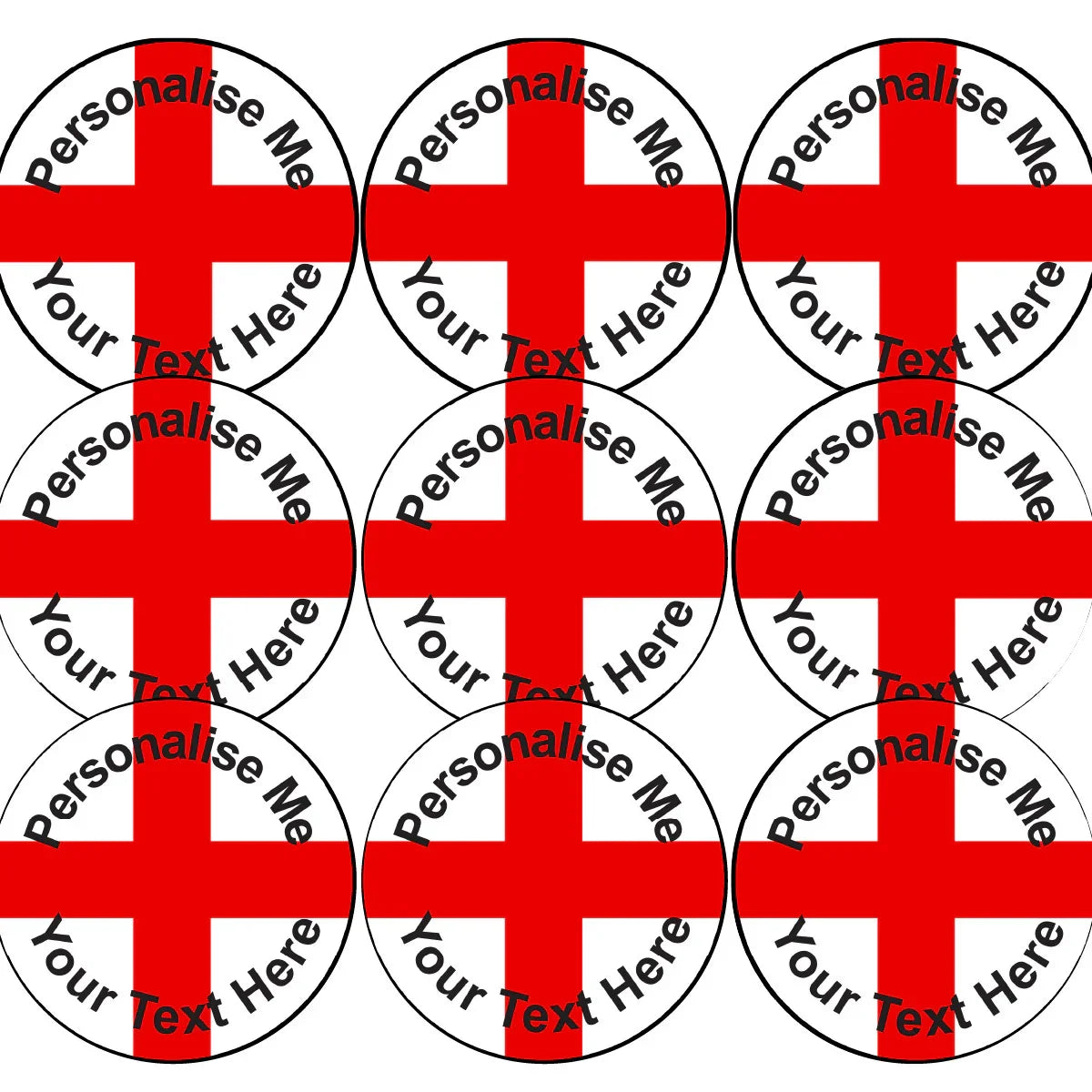 Customisable round stickers with red cross design and text 'Personalise Me Your Text Here'.