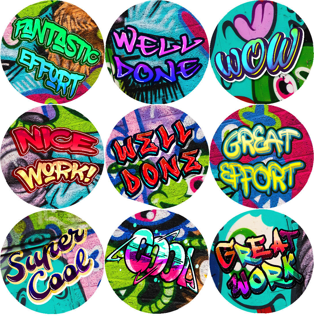 Sticker Stocker - 144 Graffiti Praise Words 30mm Stickers Glossy Reward Stickers for School Teachers, Parents and Nursery