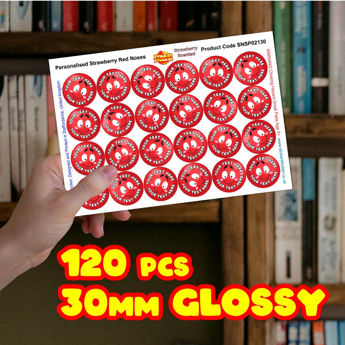 120 Strawberry Scented Personalised Stickers - Smiley Red Clown Noses - Personalised 30mm Scented Stickers - For Teachers Nursery Parents