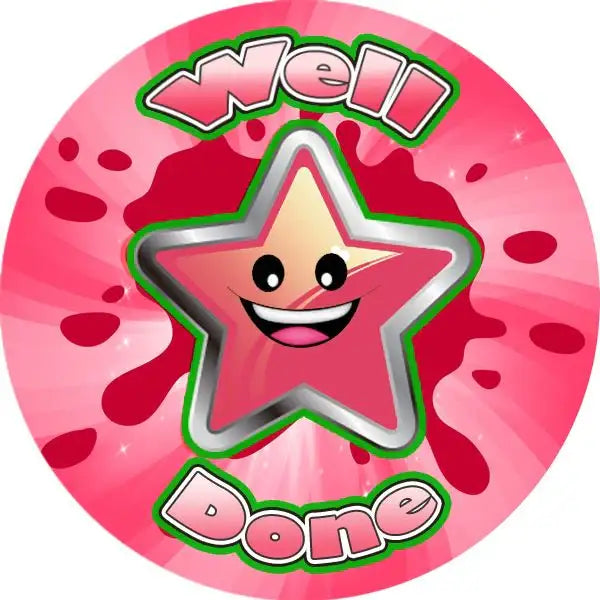 Pink reward sticker with smiling star and 'Well Done' text for classroom motivation