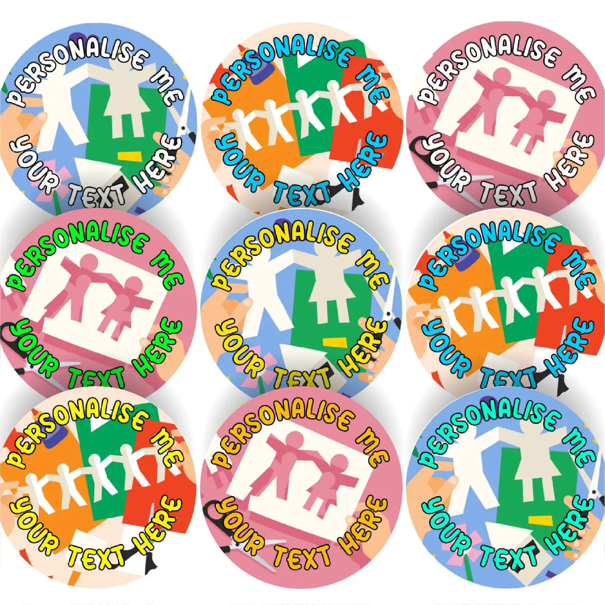 Colorful customizable reward stickers with paper chain people and space for personalized text