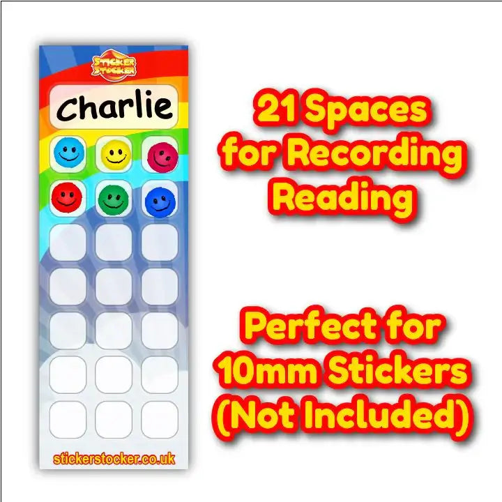 Colorful reading record chart with 21 spaces for 10mm reward stickers, ideal for classrooms