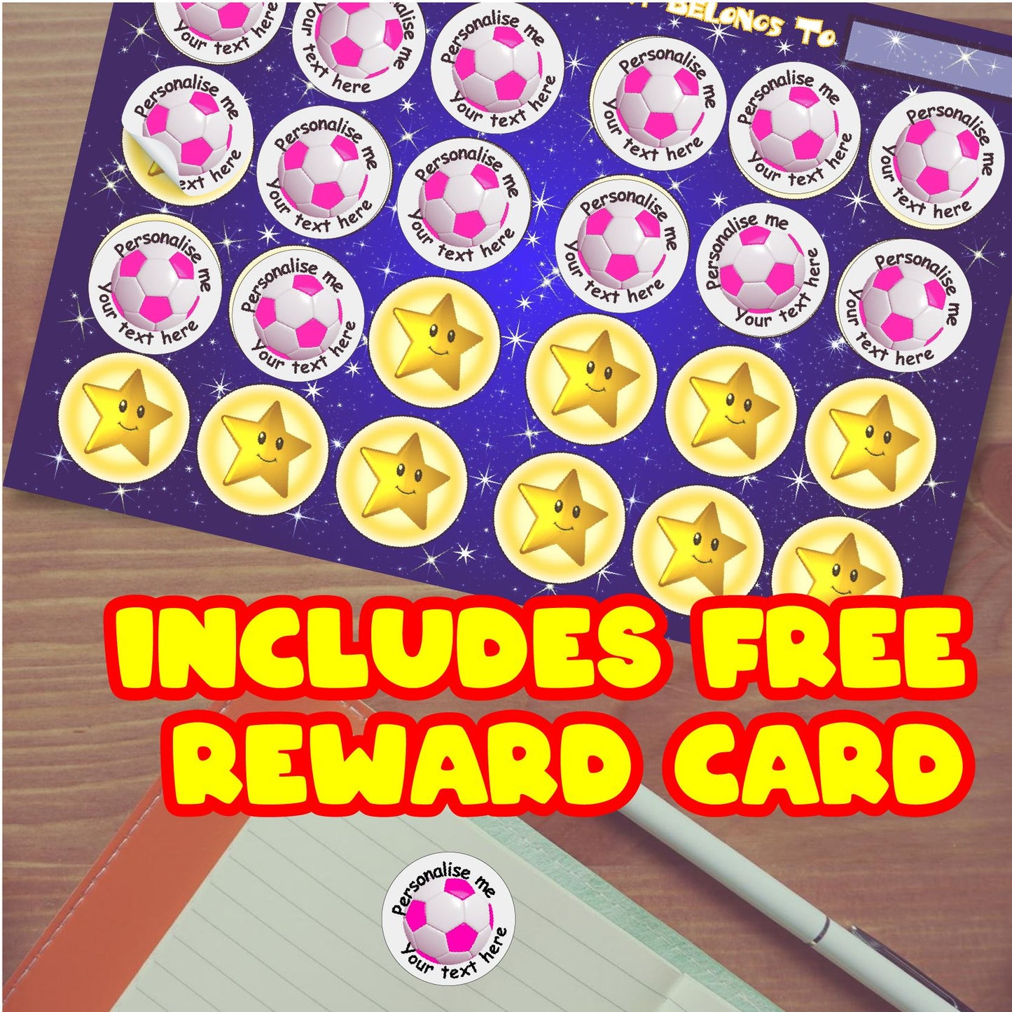 144 Personalised Pink Football 30mm Reward Stickers for School Teachers, Party Bag, Parents and Nursery