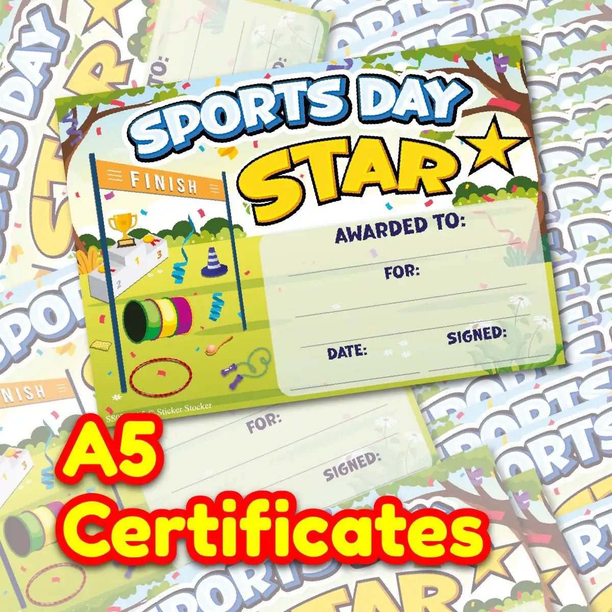 A5 Sports Day Star certificates with colorful finish line, reward, and confetti, for schools