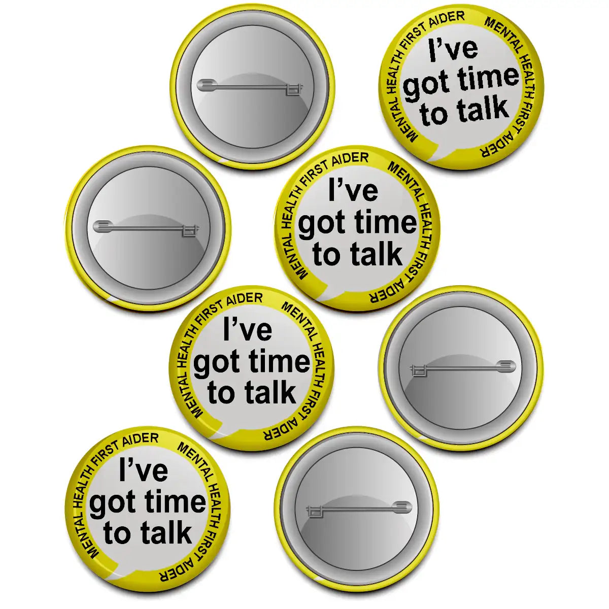 20 x Yellow Mental Health First Aider Got time to Talk Badge 38mm (Pack of 20 Pin Badges - 38mm)