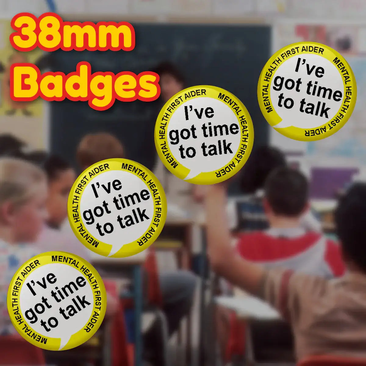 20 x Yellow Mental Health First Aider Got time to Talk Badge 38mm (Pack of 20 Pin Badges - 38mm)