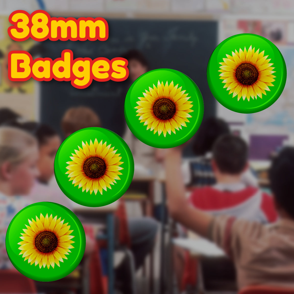 20 x Sunflower on Green Button Badges (Pack of 20 Pin Badges - 38mm)