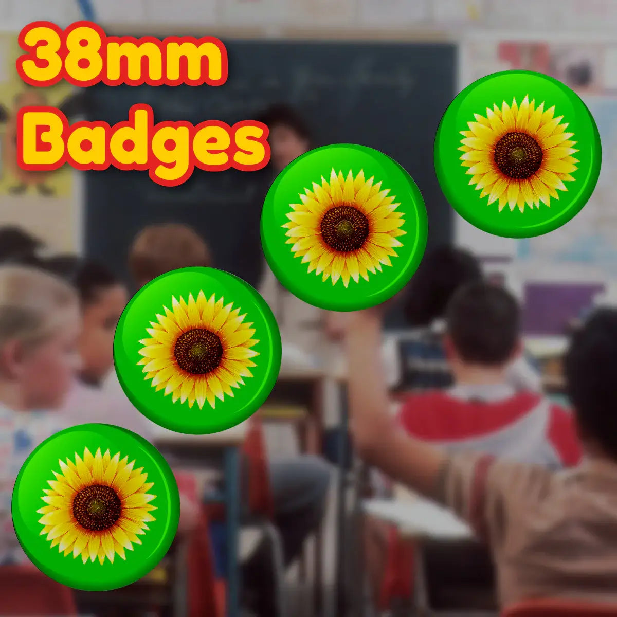 20 x Sunflower on Green Button Badges (Pack of 20 Pin Badges - 38mm)