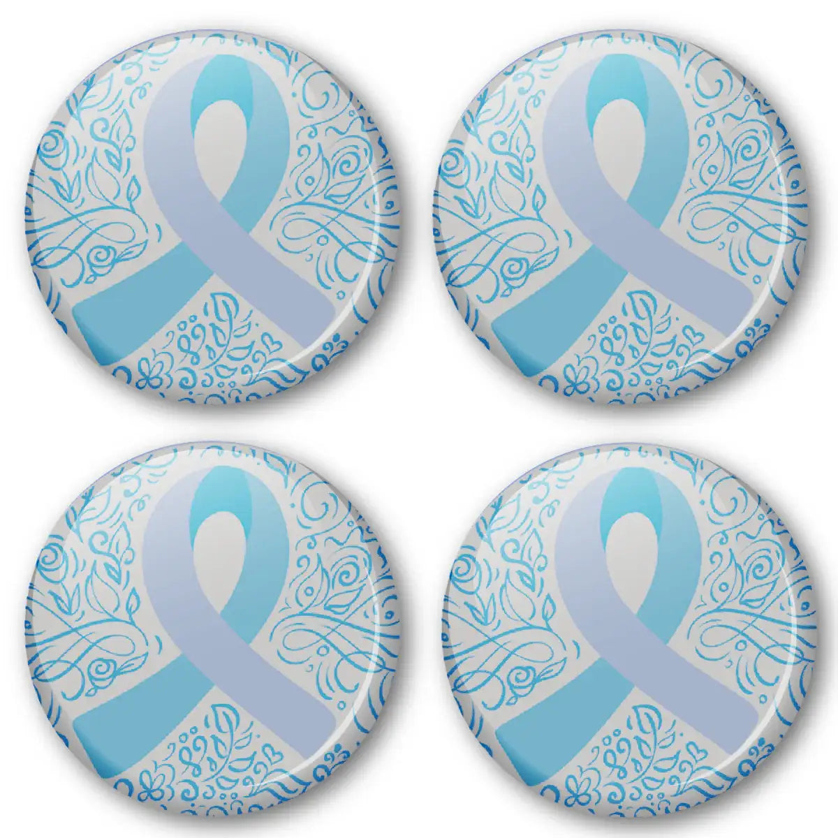 Set of four round stickers with blue awareness ribbons and decorative floral patterns