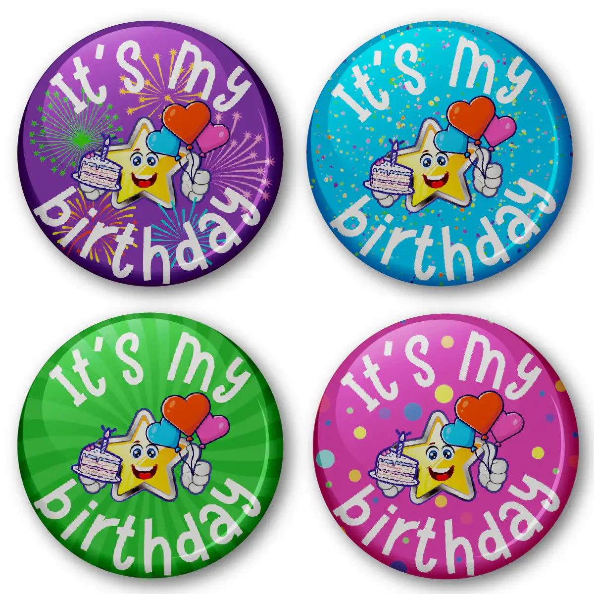 Colorful 'It's My Birthday' reward stickers with a smiling star holding cake and balloons.