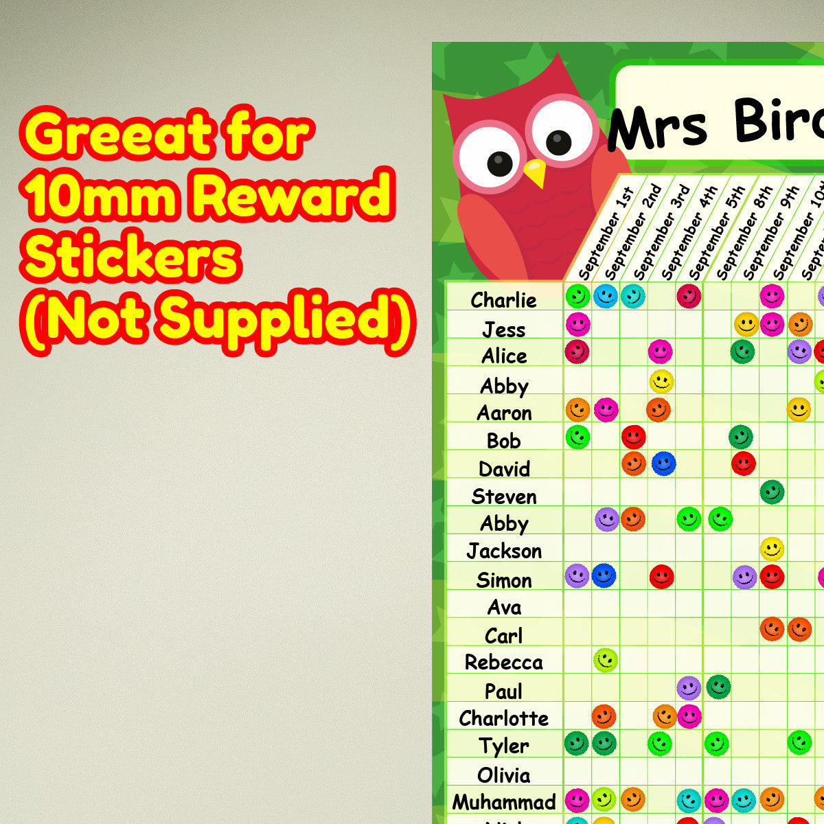 Sticker Stocker - A2 Owl star Durable Incentive Star Reward Classroom Wall Chart