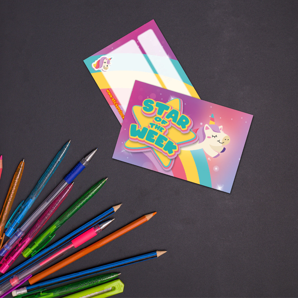 Sticker Stocker - Unicorn Star of the Week award cards for school teachers, wallet sized glossy reward cards