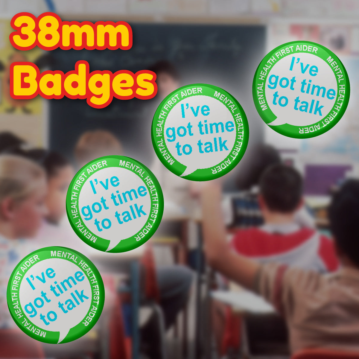 Sticker Stocker - Mental Health First Aider Got time to Talk Badge 38mm (Pack of 20 Pin Badges - 38mm)