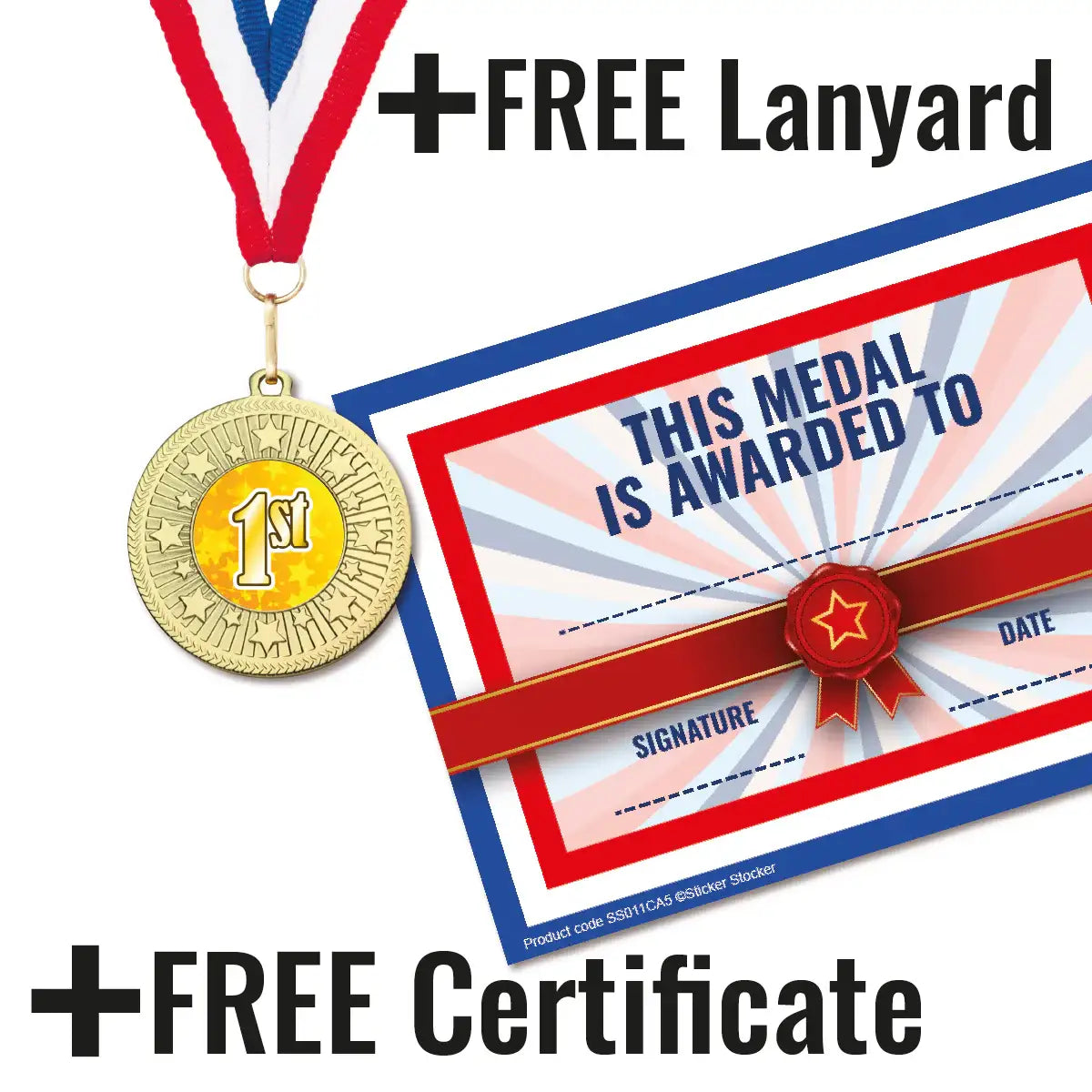 Gold 1st place medal with red, white, and blue lanyard and certificate for award recognition