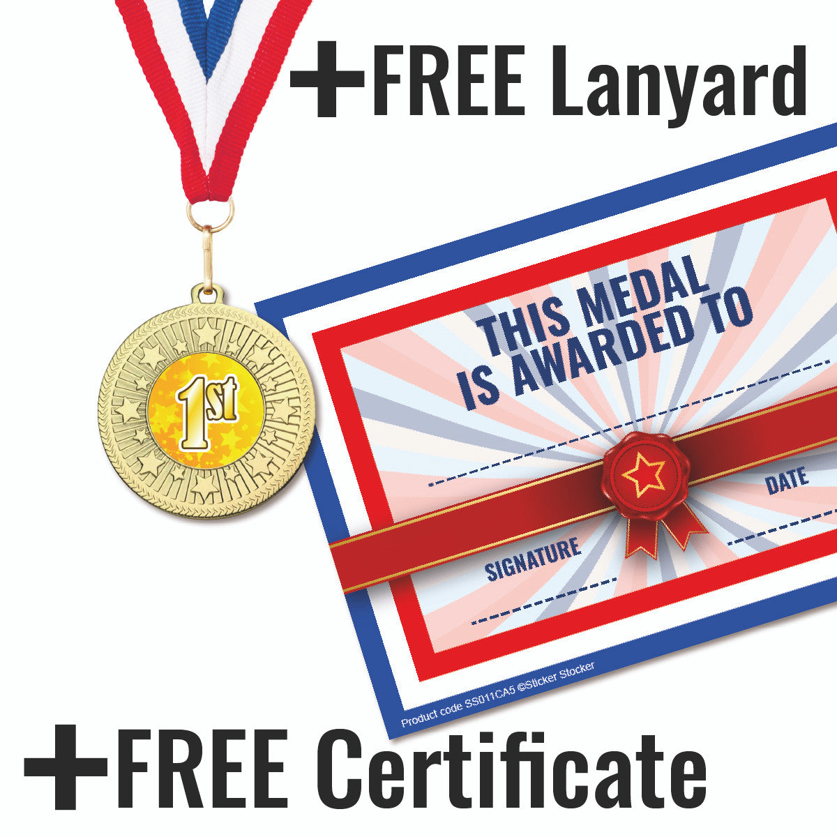 Sticker Stocker -Galaxy Star Place Medal with FREE Ribbon and Certificate 50mm Metal Gold 1st, silver 2nd or bronze 3rd