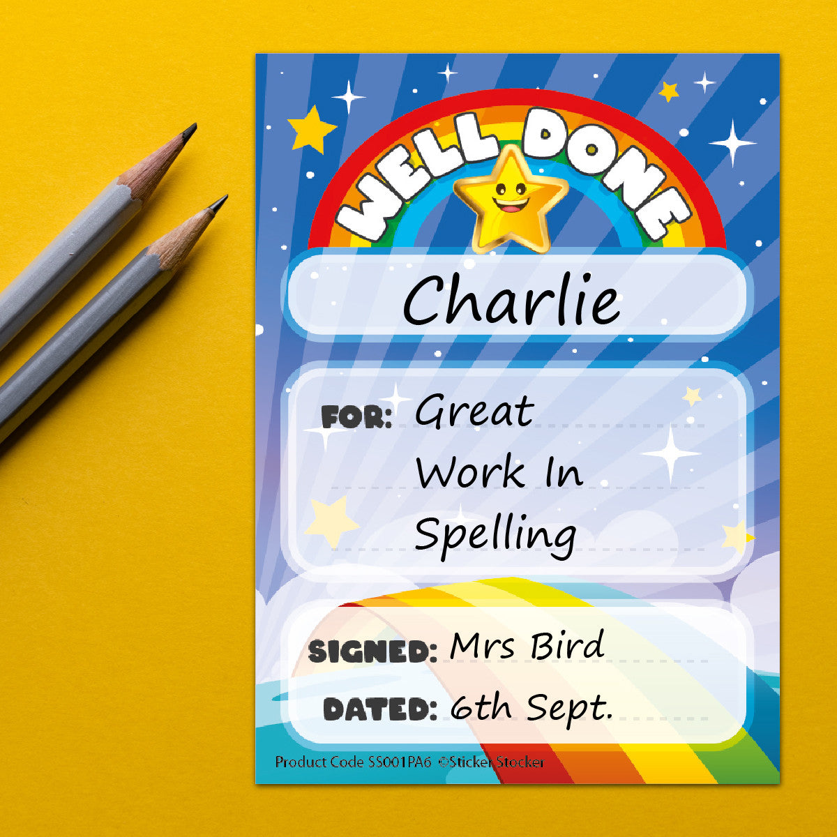 Sticker Stocker -A6 Praise Pad 100 Note Incentive Chart Rewards - Well Done Rainbow Star