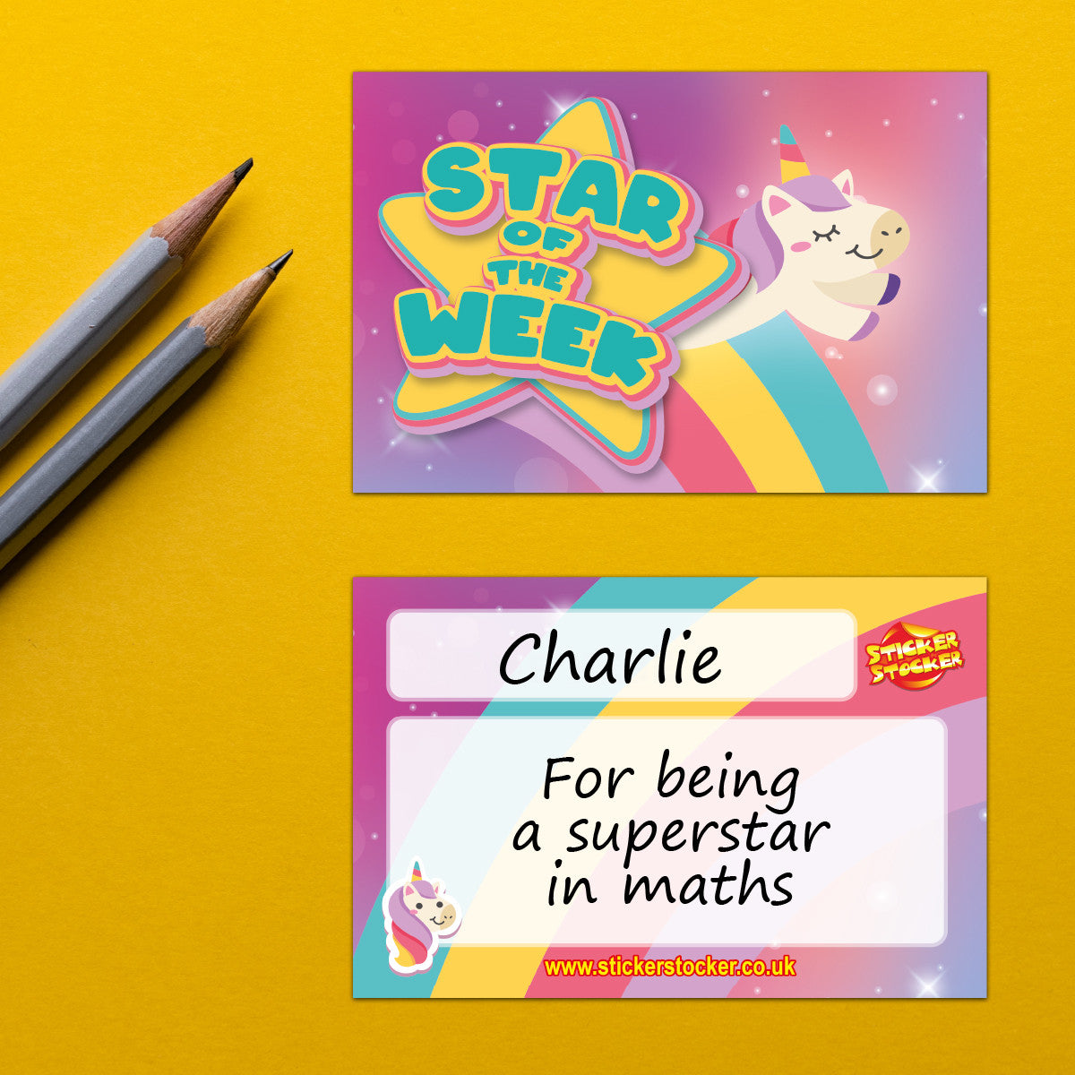 Sticker Stocker - Unicorn Star of the Week award cards for school teachers, wallet sized glossy reward cards
