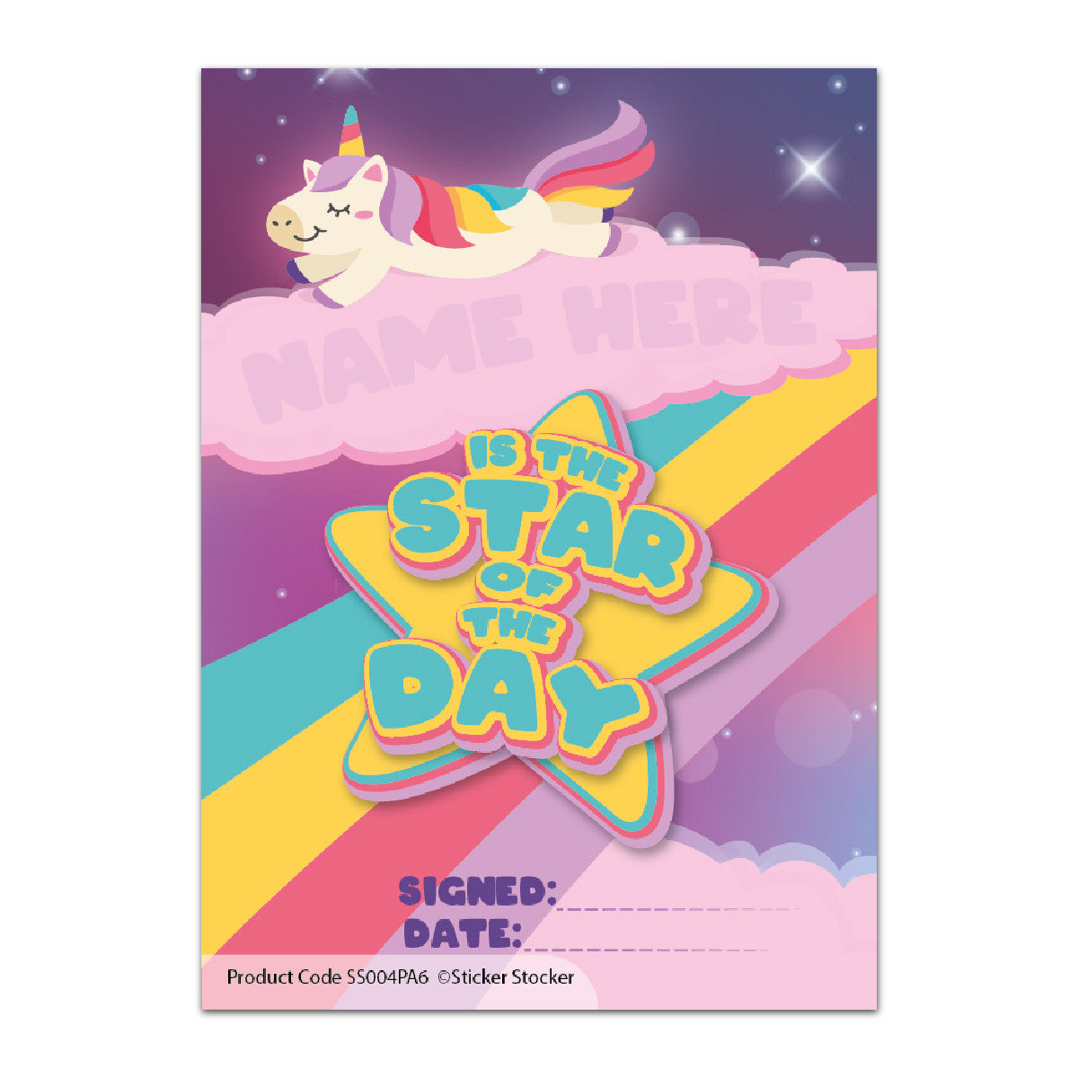 Sticker Stocker - A6 Praise Note Pad 100 Sheet Incentive Chart Rewards - Star of the Day Rainbow Unicorn